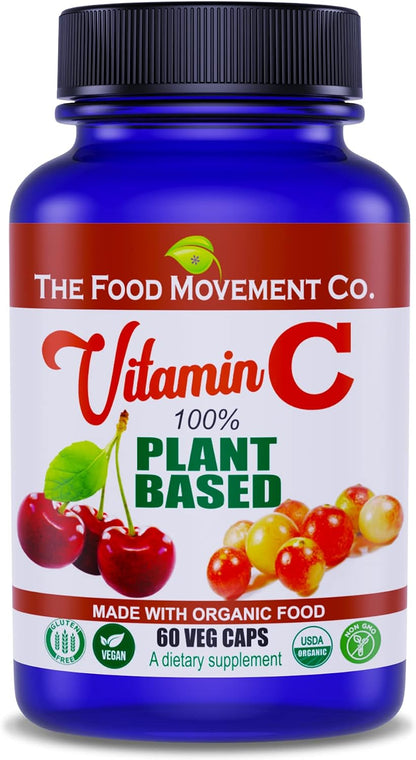 THE FOOD MOVEMENT CO. 100% Plant-Based Vitamin C 125mg – 60 Capsules – Vegan, Organic, Non-GMO, Gluten-Free Supplement with Camu Camu & Acerola