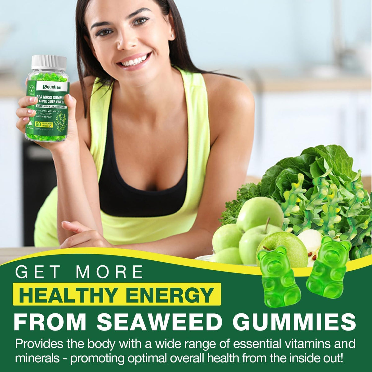 Sea Moss Gummies - 60 Count - Natural Apple Flavour - with Bladderwrack & Burdock Root - Vegan, Non-GMO - görsel 3