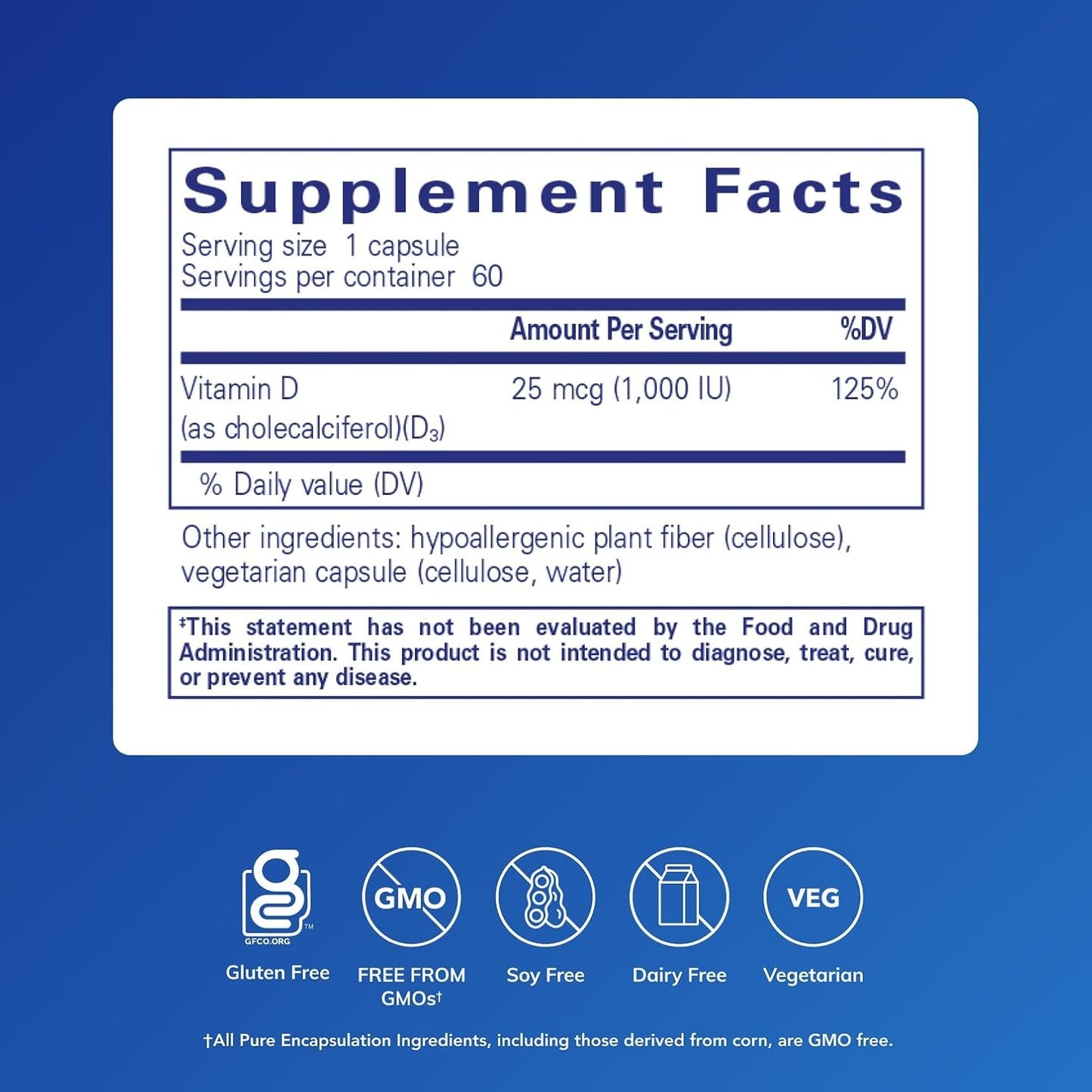 Pure Encapsulations Vitamin D3 25 µg (1,000 IU) - 60 Capsules - görsel 2