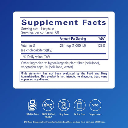 Pure Encapsulations Vitamin D3 25 µg (1,000 IU) - 60 Capsules