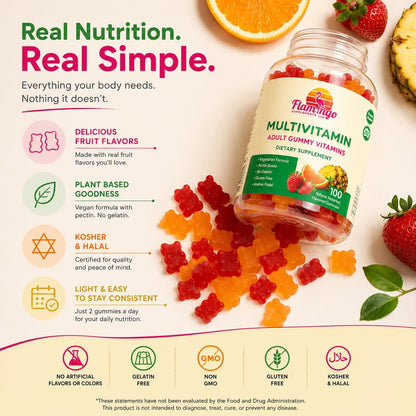 Flamingo Supplements Multivitamin Gummies | Vegan Friendly, Kosher Halal, No Gelatine, Non-GMO | for Men, Women & Kids | 3 Natural Flavours | Vitamins C, B3, B12, Biotin, Zinc & More | 100 Gummies