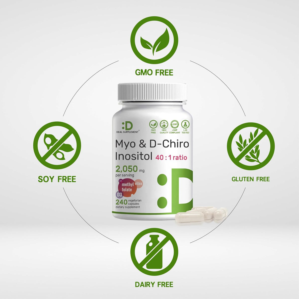 Myo-Inositol & D-Chiro Inositol Supplement for Women (40:1) | 2,050mg Per Serving | 240 Vegetarian Capsules | with Folate, – Image 3