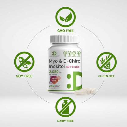 Myo-Inositol & D-Chiro Inositol Supplement for Women (40:1) | 2,050mg Per Serving | 240 Vegetarian Capsules | with Folate, – Image 3