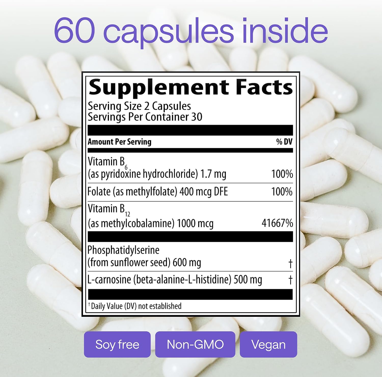Phosphatidylserine 600 mg with L-Carnosine 500 mg + B6, B12 & Folate | Non-Soya Sunflower Lecithin PS Complex | Plant-Based, Non-GM | 60 Capsules - görsel 2