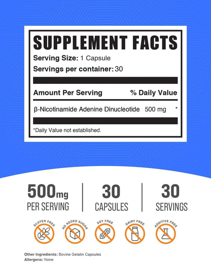BulkSupplements.com NAD Capsules – Nicotinamide Adenine Dinucleotide 500 mg, 30 Capsules