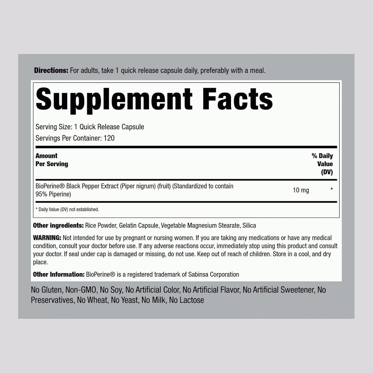 Piping Rock Bioperine Supplement 10mg | 120 Capsules | Black Pepper Extract | 95% Piperine | Gluten-free, Non-GM - görsel 2