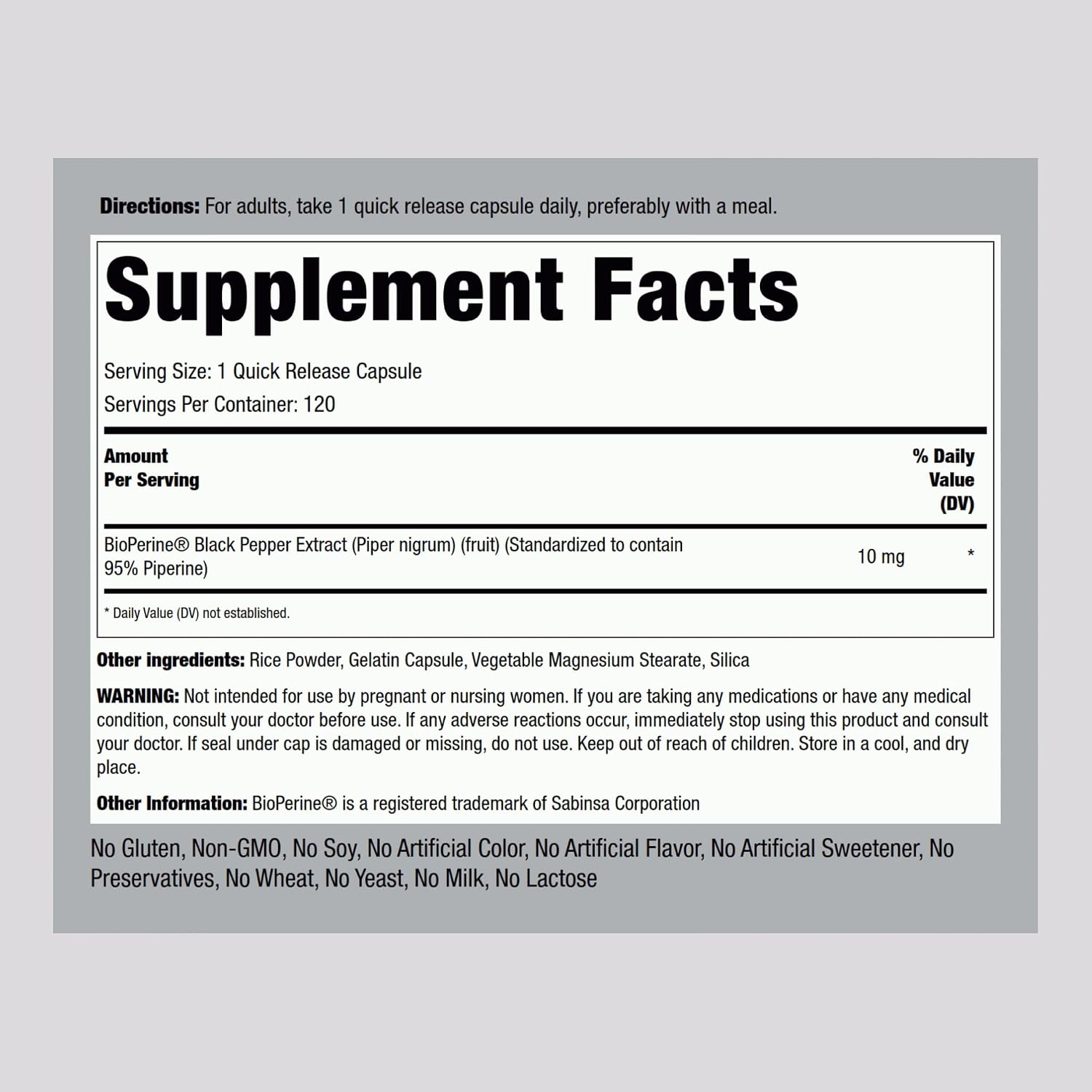 Piping Rock Bioperine Supplement 10mg | 120 Capsules | Black Pepper Extract | 95% Piperine | Gluten-free, Non-GM - görsel 2