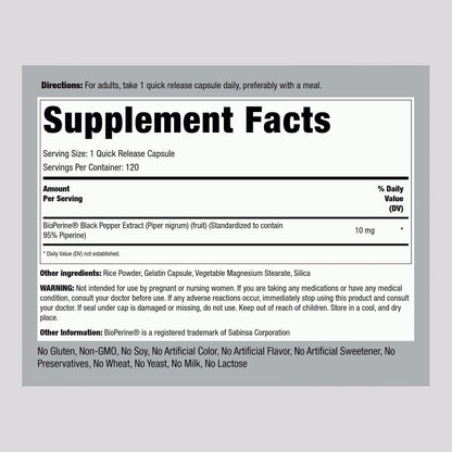 Piping Rock Bioperine Supplement 10mg | 120 Capsules | Black Pepper Extract | 95% Piperine | Gluten-free, Non-GM
