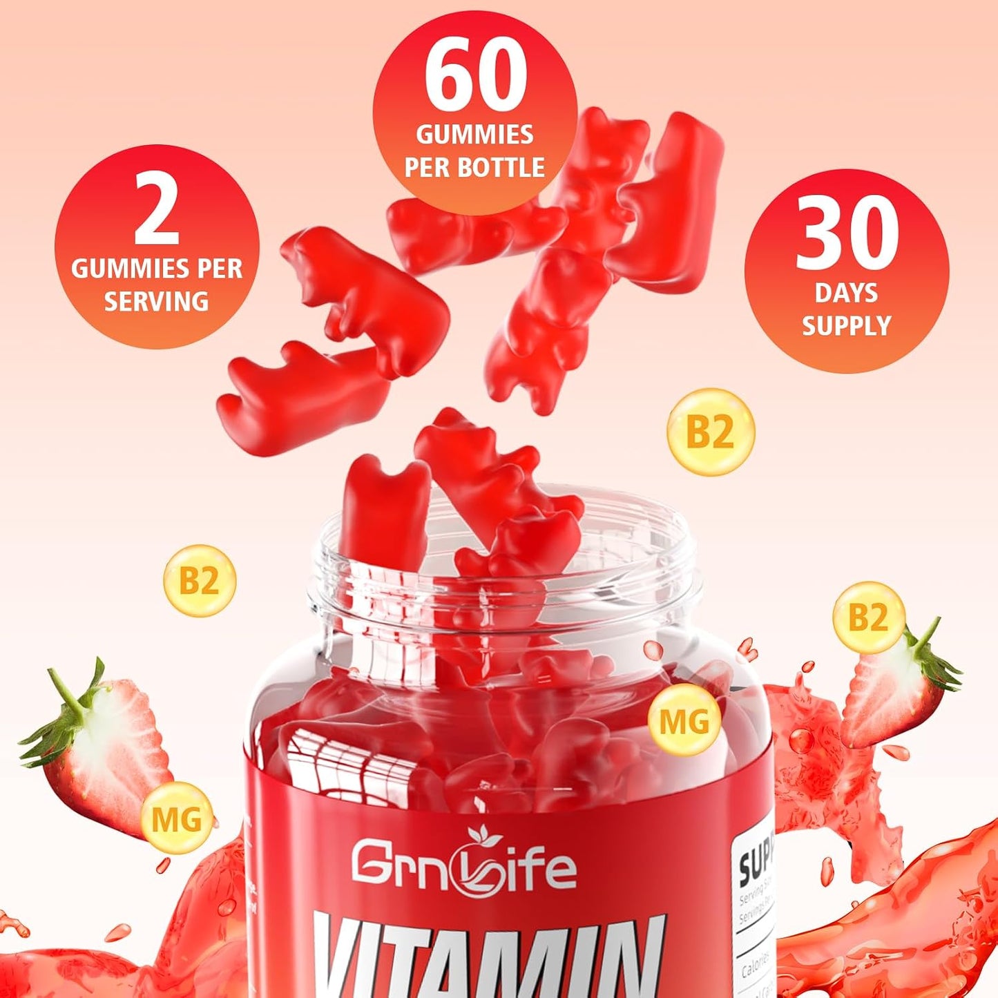 GrnLife Vitamin B2 Gummies – Riboflavin 400mg with Magnesium – Strawberry Flavour (60 Count) - görsel 7