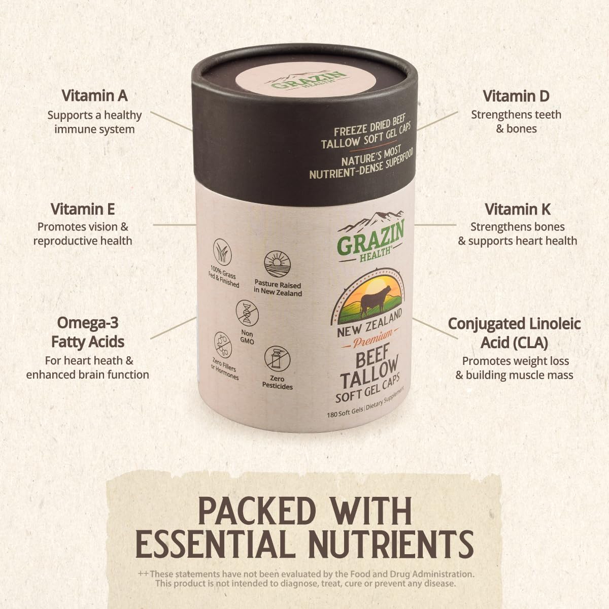 Grass-Fed Beef Tallow Capsules | 3000 mg | Grazin Health - görsel 4