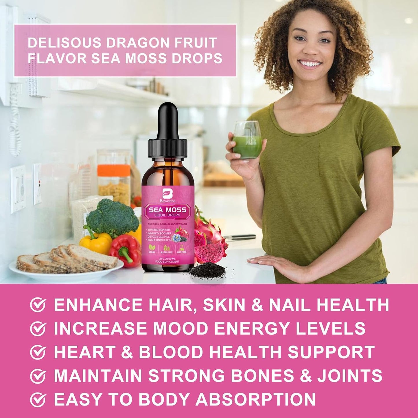 B BEWORTHS Organic Sea Moss Liquid Drops with Black Seed Oil, Elderberry & Ashwagandha - görsel 4
