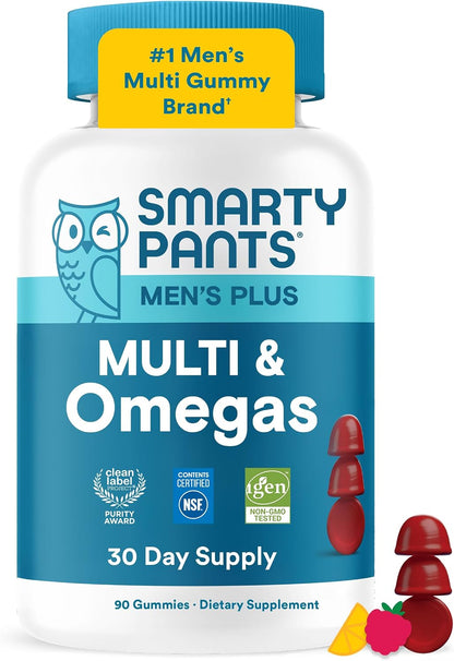 SmartyPants Men's Multivitamin Gummies with Omega-3 DHA/EPA, Methylfolate, Vitamin D3, C, B12, B6, A, K, Zinc – Raspberry Lemonade, 90 Count