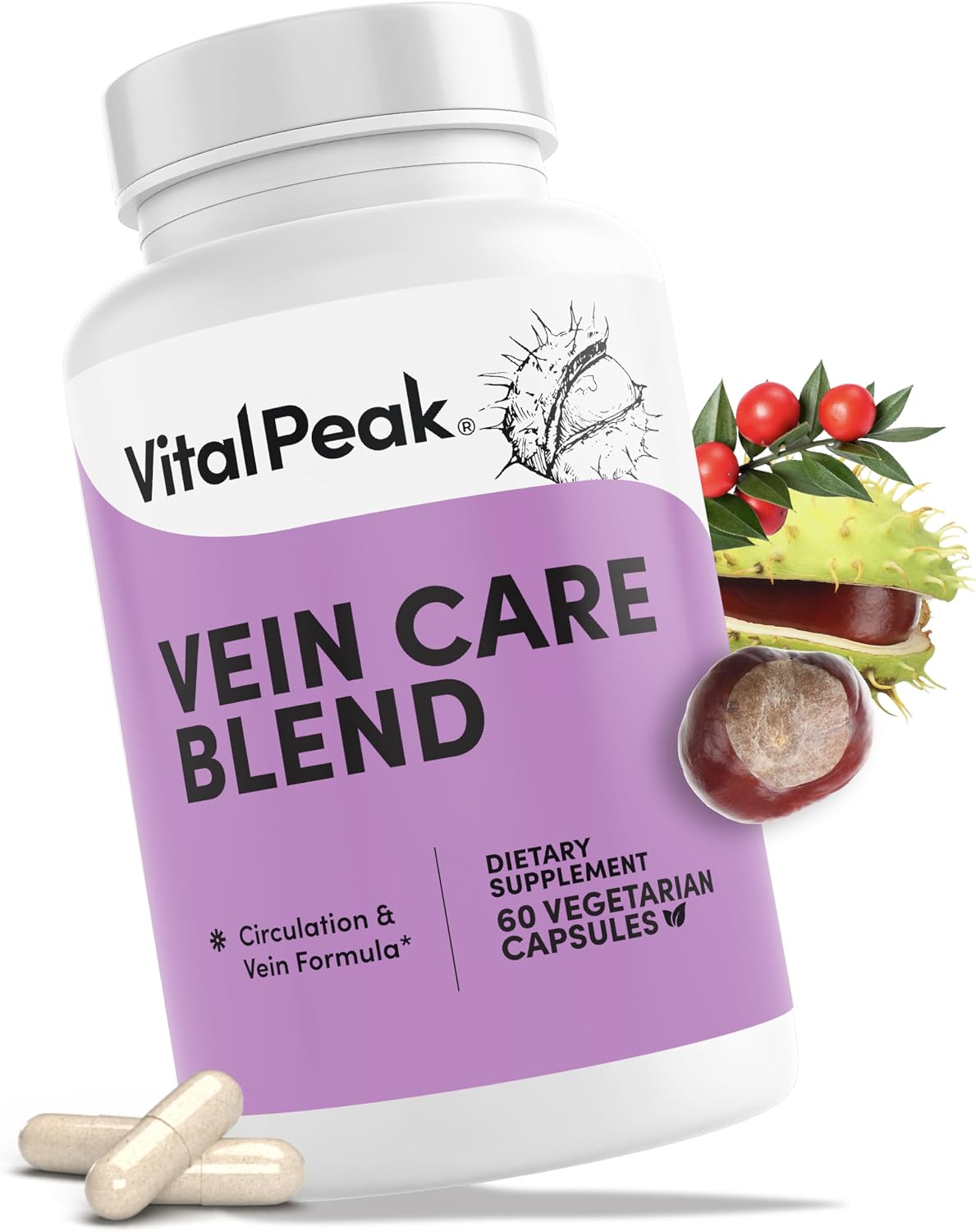 Vital Peak Vein Care Blend - Circulation & Vein Support Supplement with Rutin, Horse Chestnut, Butcher's Broom & Citrus Flavonoids - Vegetarian, Non-GMO, Gluten-free - 60 Capsules - görsel 1