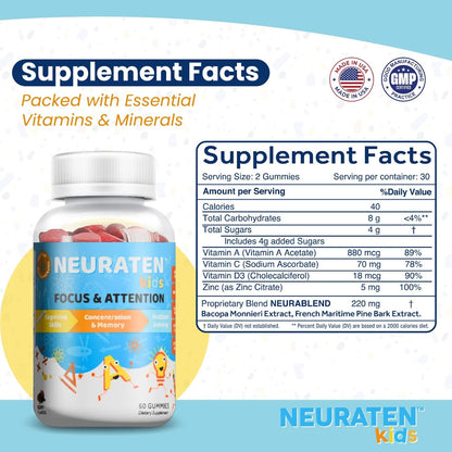Neuraten Kids Focus & Attention Dietary Supplement - 60 Gummies (Berry)