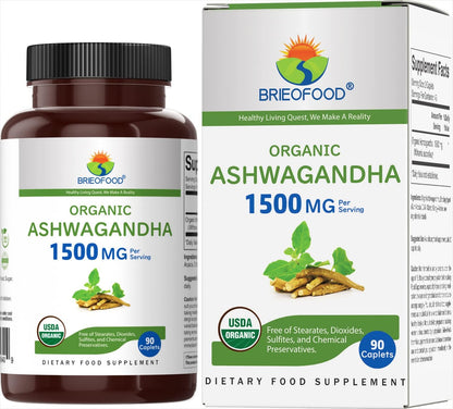 Organic Ashwagandha 1500mg, 45 Servings, Vegetarian, Gluten-free, 90 Vegetarian Tablets