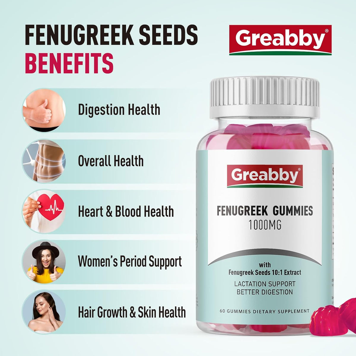 Fenugreek Gummies 1000mg, Pure Organic Fenugreek Seeds Supplement for Breastfeeding, Healthy Lactation Support, Non-GM (60 Vegan Gummies) - görsel 5
