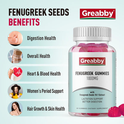 Fenugreek Gummies 1000mg, Pure Organic Fenugreek Seeds Supplement for Breastfeeding, Healthy Lactation Support, Non-GM (60 Vegan Gummies)