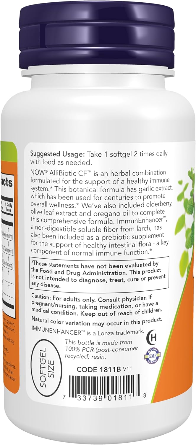 NOW Supplements, AlliBiotic CF, Herbal Blend with Garlic, Elderberry, Olive Leaf & Oregano, 60 Softgels - görsel 3