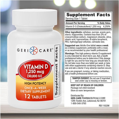 GeriCare Vitamin D 1,250 mcg (50,000 IU) High Potency – Once-A-Week Food Supplement, 12 Capsules