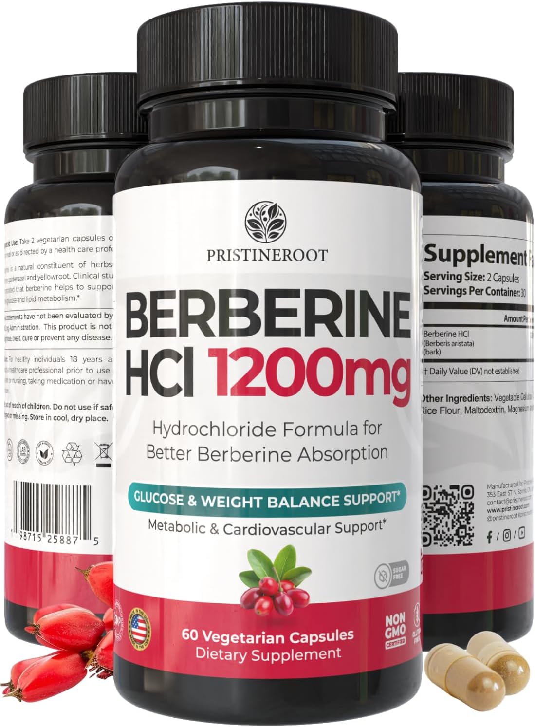Berberine Supplement 1200mg – Organic Berberine for Metabolic & Heart Health Support – High Absorbency Pure Berberine HCl Formula – 60 Capsules - görsel 1