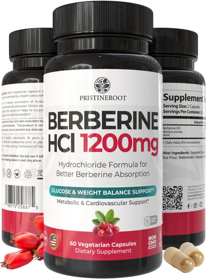 Berberine Supplement 1200mg – Organic Berberine for Metabolic & Heart Health Support – High Absorbency Pure Berberine HCl Formula – 60 Capsules