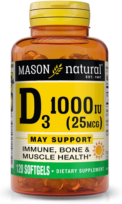 MASON NATURAL Vitamin D3 1000 IU (25 µg) from Fish Liver Oil, 180-Day Supply