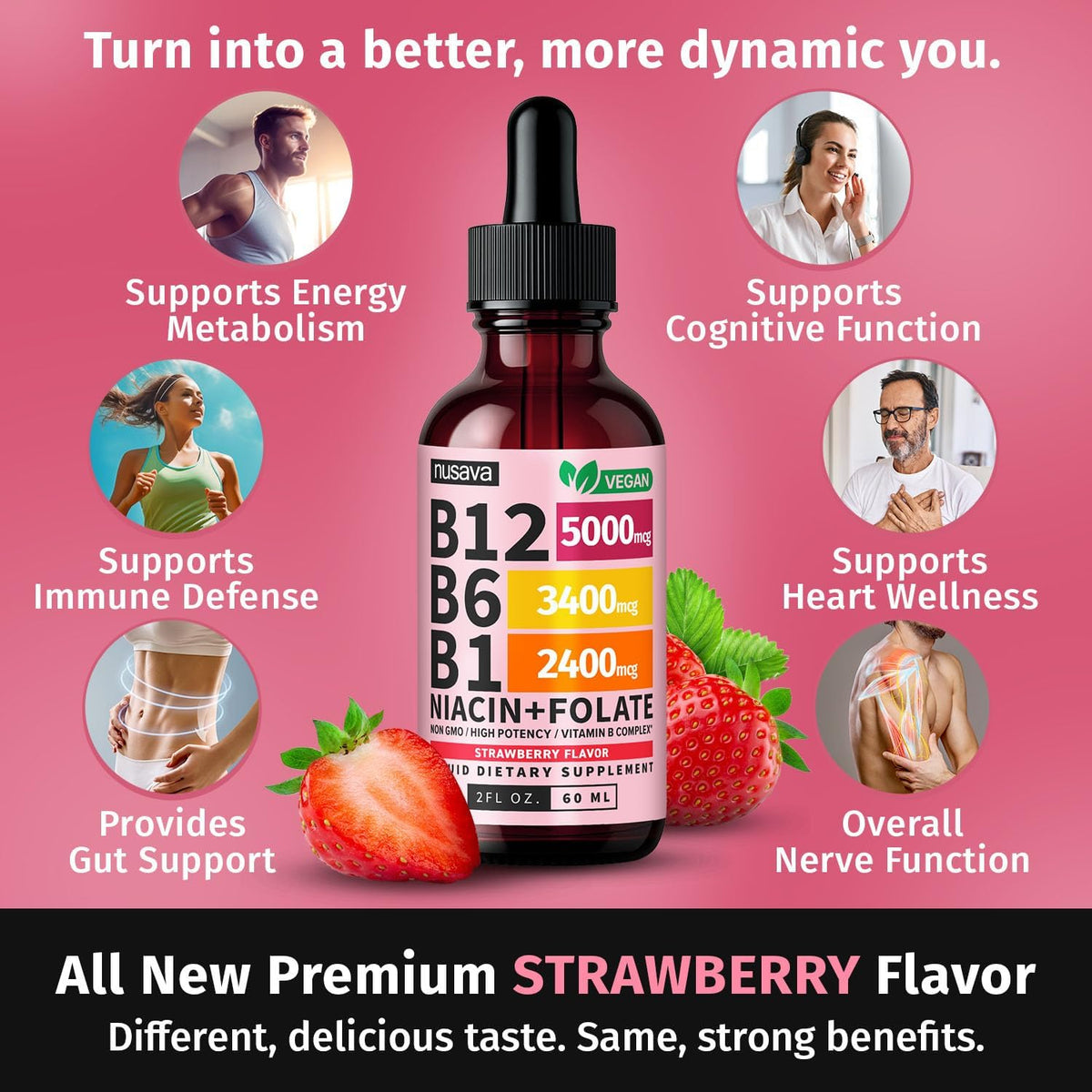 NUSAVA Vitamin B12 Liquid Drops 5000mcg - Sublingual B12 Complex with B6 & B1 - Methylcobalamin - Vegan, Non-GMO, Strawberry (4-Pack, 60 ml Each) - görsel 2