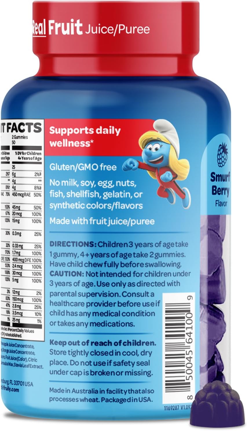 The Smurfs Children's Multivitamin Gummies with 15 Daily Vitamins and Minerals for Growth & Development | Made with Real Fruit in a Smurf Berry Flavour | Delicious, Doctor Developed & Non-GMO Formula | 100 Gummies - görsel 8