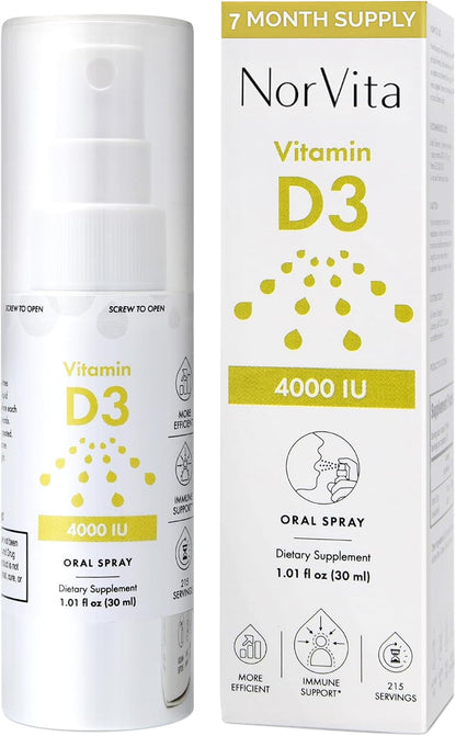 NorVita Vitamin D3 Spray 4000 IU - High Absorption Vegan Oral Spray for Bone & Immune Support (30 ml, 215 Doses)