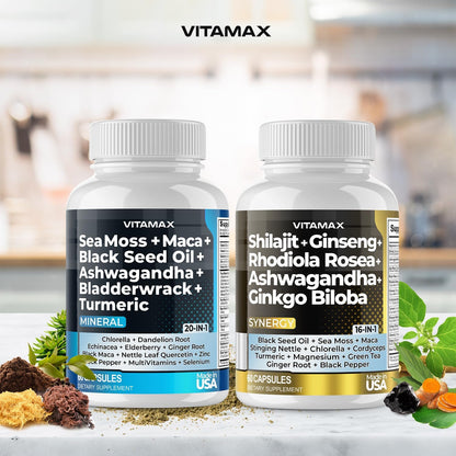 Vitamax Pure Himalayan Shilajit Supplement with Sea Moss, Ashwagandha, Bladderwrack, Ginkgo Biloba, Organic Capsules – Non-GMO, Vegan – Men and Women – Made in USA