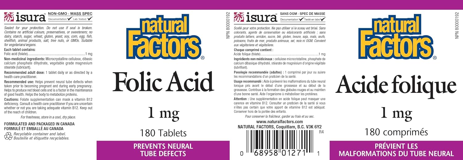 Folic Acid 1mg – 180 Tablets by Natural Factors - görsel 2