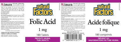 Folic Acid 1mg – 180 Tablets by Natural Factors