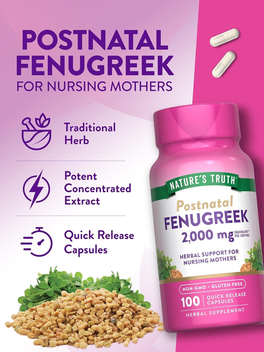 Nature's Truth Fenugreek 2000 mg Supplements, 100 Capsules - görsel 5
