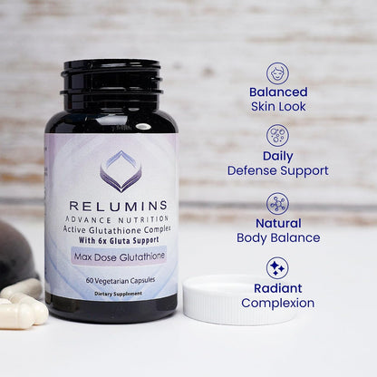 Relumins Advance White Active Glutathione Complex - Max Dose 900mg Glutathione with 6X Boosters, ALA & NAC - 60 Capsules (30 Servings)