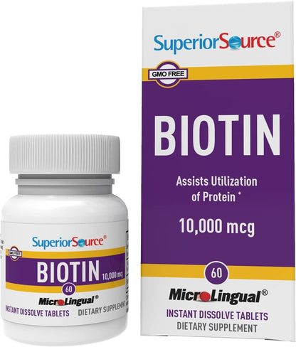Superior Source Biotin 10,000 mcg – Daily Supplement for Hair Health & Growth – Natural Biotin Supplement Aids Healthy Nails & Skin – 60 Sublingual Dissolving Tablets