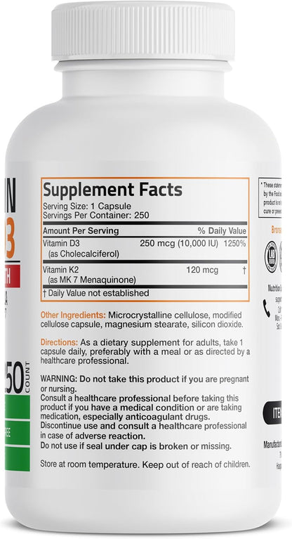 Bronson Vitamin K2 (MK-7) with D3 Extra Strength Supplement