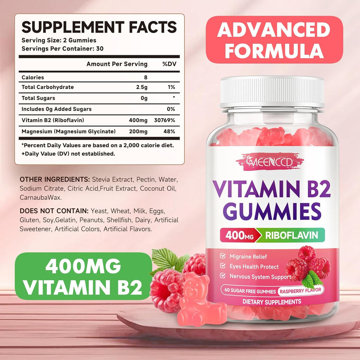 MEENCCD Vitamin B2 Gummies – Riboflavin 400mg with Magnesium, Vegan & Sugar-Free (60 Gummies) - görsel 2