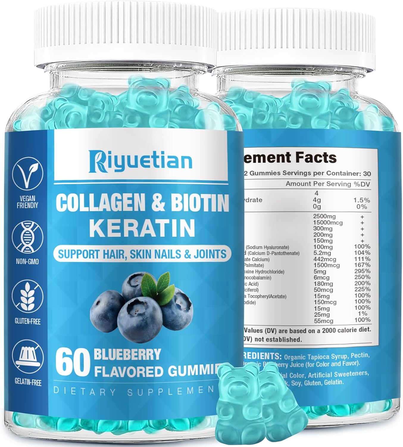 Riyuetian Biotin Gummies 15000mcg with Collagen - Hair, Skin & Nails Support - Vegan, Non-GMO - 60 Gummies - görsel 1