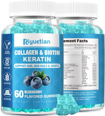 Riyuetian Biotin Gummies 15000mcg with Collagen - Hair, Skin & Nails Support - Vegan, Non-GMO - 60 Gummies