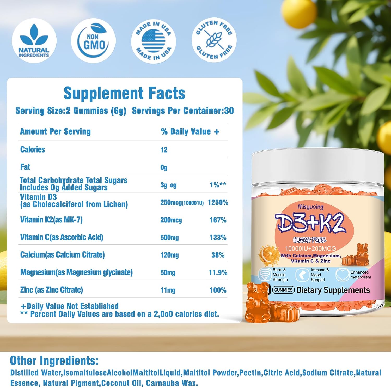 Misyvoing Vitamin D3 K2 Gummies with Vitamin C, Calcium, Magnesium & Zinc - 10,000 IU D3, 200mcg K2, Orange Flavour, Sugar-Free (60 Gummies) - görsel 6