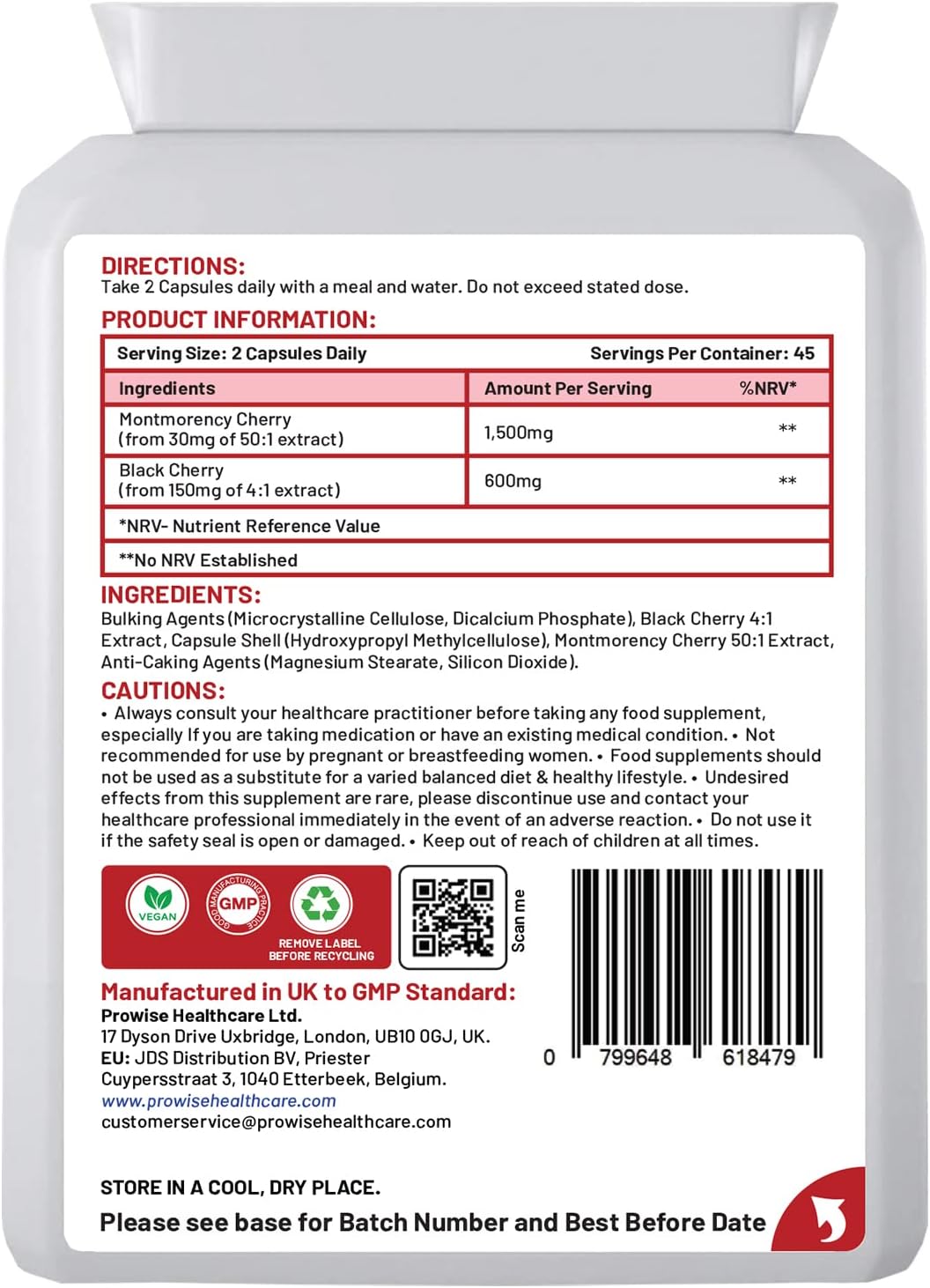 Cherry Max+ 2100mg Montmorency Cherry with Black Cherry - 90 Vegan Capsules - High Strength - Prowise Health care - görsel 2
