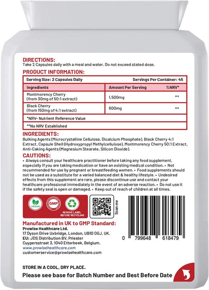 Cherry Max+ 2100mg Montmorency Cherry with Black Cherry - 90 Vegan Capsules - High Strength - Prowise Health care
