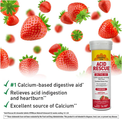 Country Life Acid Rescue On-the-Go Chewable Tablets - Vegan & Gluten-free Heartburn Relief, 400mg Calcium & Magnesium, Non-GMO, Sugar-Free Berry Flavour, 8 Pack