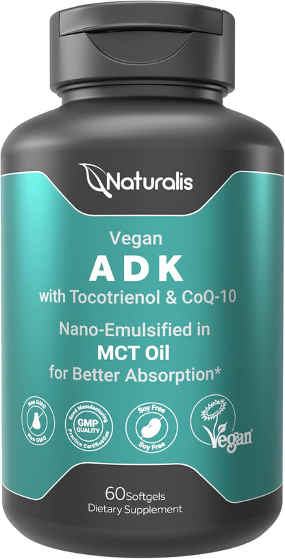 Naturalis Vegan Vitamin ADK with 50mg Tocotrienol and CoQ-10 | Nano-emulsified in EVOO | Non-GMO, Soya-Free & Vegan Society Certified | 60 Vegan Soft gel capsules
