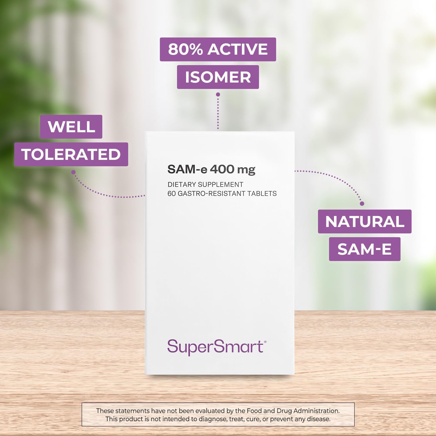 Supersmart SAM-e 400mg (80% Active Isomer S,S) - Advanced S-Adenosyl Methionine Supplement - Non-GMO & Gluten-free - 60 Enteric Coated Tablets - görsel 2