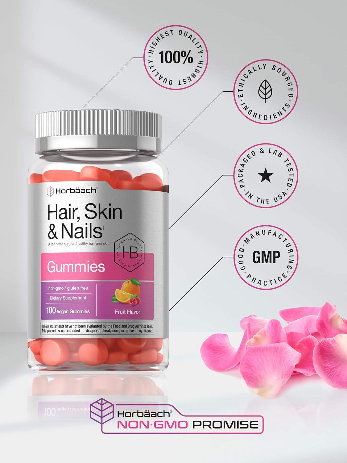 Horbäach Hair Skin and Nails Gummies – 100 Count – with Biotin – Fruit Flavoured Vitamins – Non-GMO, Gluten-free - görsel 6