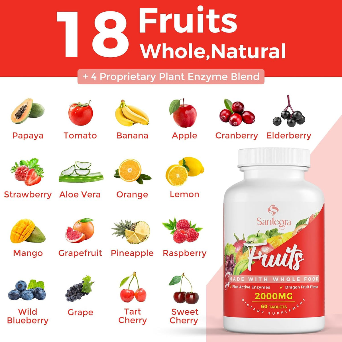 2000 mg Fruit and Vegetable Supplement, 35+ Fruits and Vegetables for Daily Variety, 100% Whole Food Superfoods, Natural Vitamins for Women & Men, Sugar-Free, Gluten-Free, Vegan, 240 Tablets - görsel 3