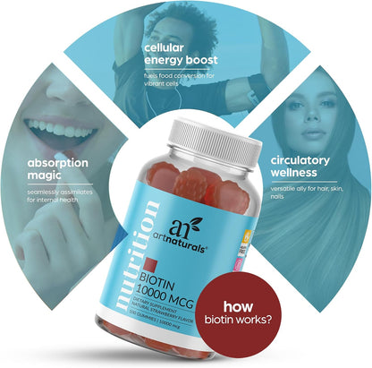 Artnaturals Biotin Gummies – 10,000mcg for Hair, Skin & Nails – Natural Strawberry – 100 Gummies