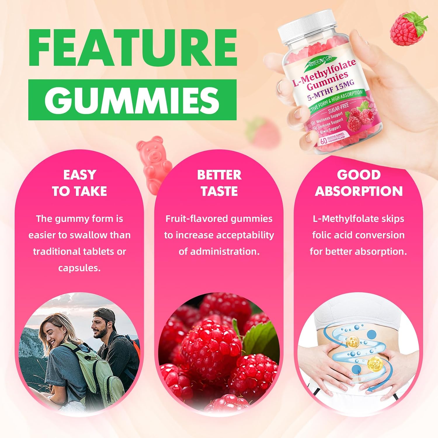 MEENCCD 2 Pack L-Methylfolate Gummies - Active 5-MTHF Supplement - Vegan, Raspberry Flavour (120 Count) - görsel 5