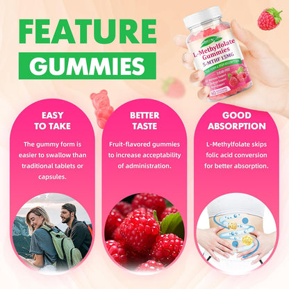MEENCCD L-Methylfolate Gummies, Methylfolate Supplement, 5-MTHF Supplement - Active 5-MTHF - Supports Overall Wellness, Vegan, Raspberry Flavour, 60 Count
